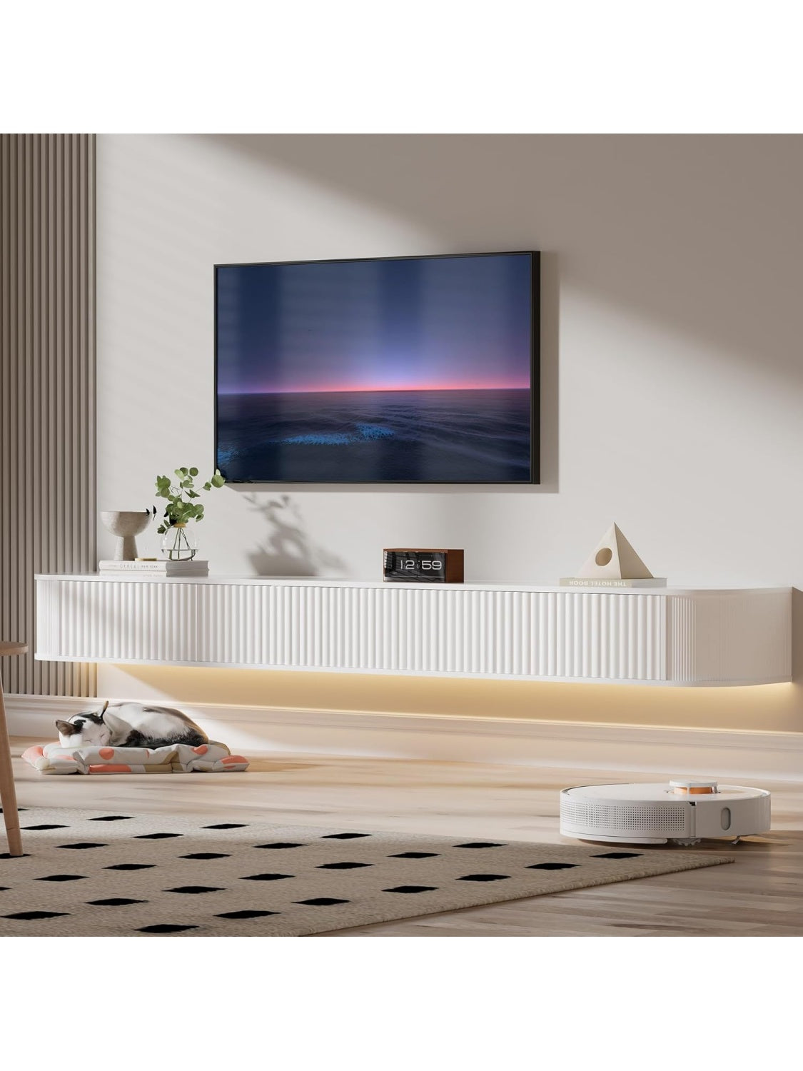 Consola TV Suspendida de 220 cm con Luces LED, Centro Multimedia Flotante para Pantallas de 85 a 95 Pulgadas