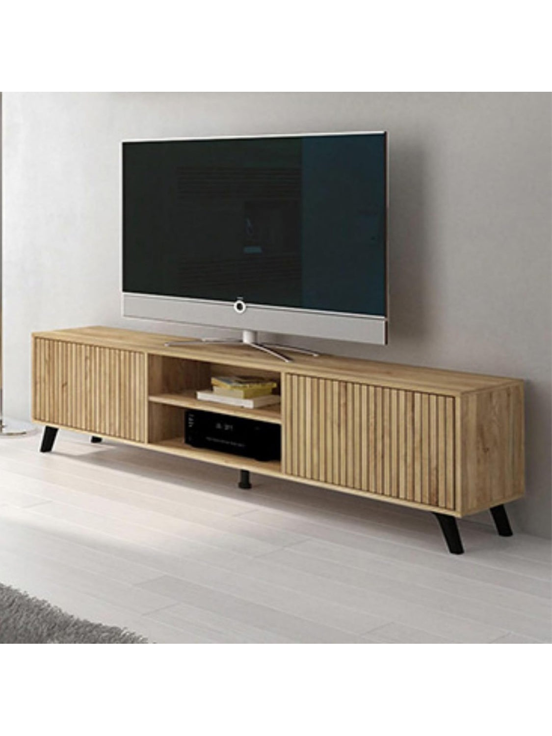 Mueble para TV de 180 cm, Estilo Nordico con 2 Puertas y Compartimentos de Almacenamiento, Diseno Moderno Mauvella Rayas