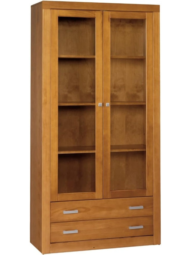 Vitrina de Pino Macizo con 2 Puertas y 2 Cajones, Libreria Clasica para Salon o Comedor, Color Cerezo