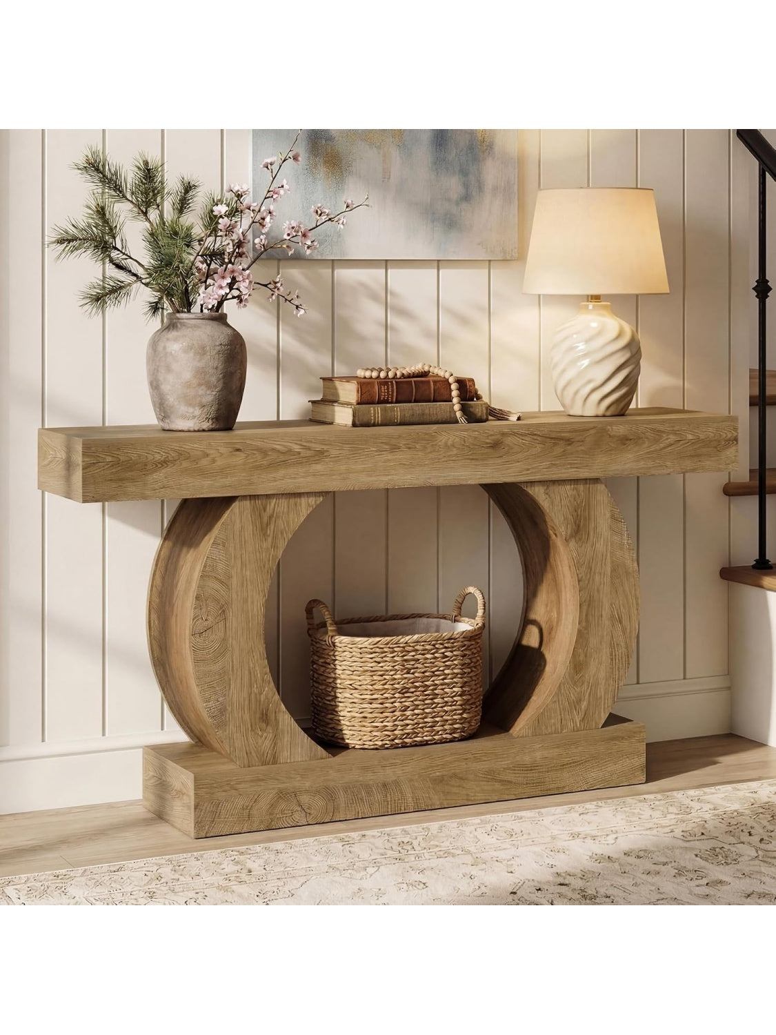 Consola alargada de estilo rustico con dos estantes y base circular para entrada o salon
