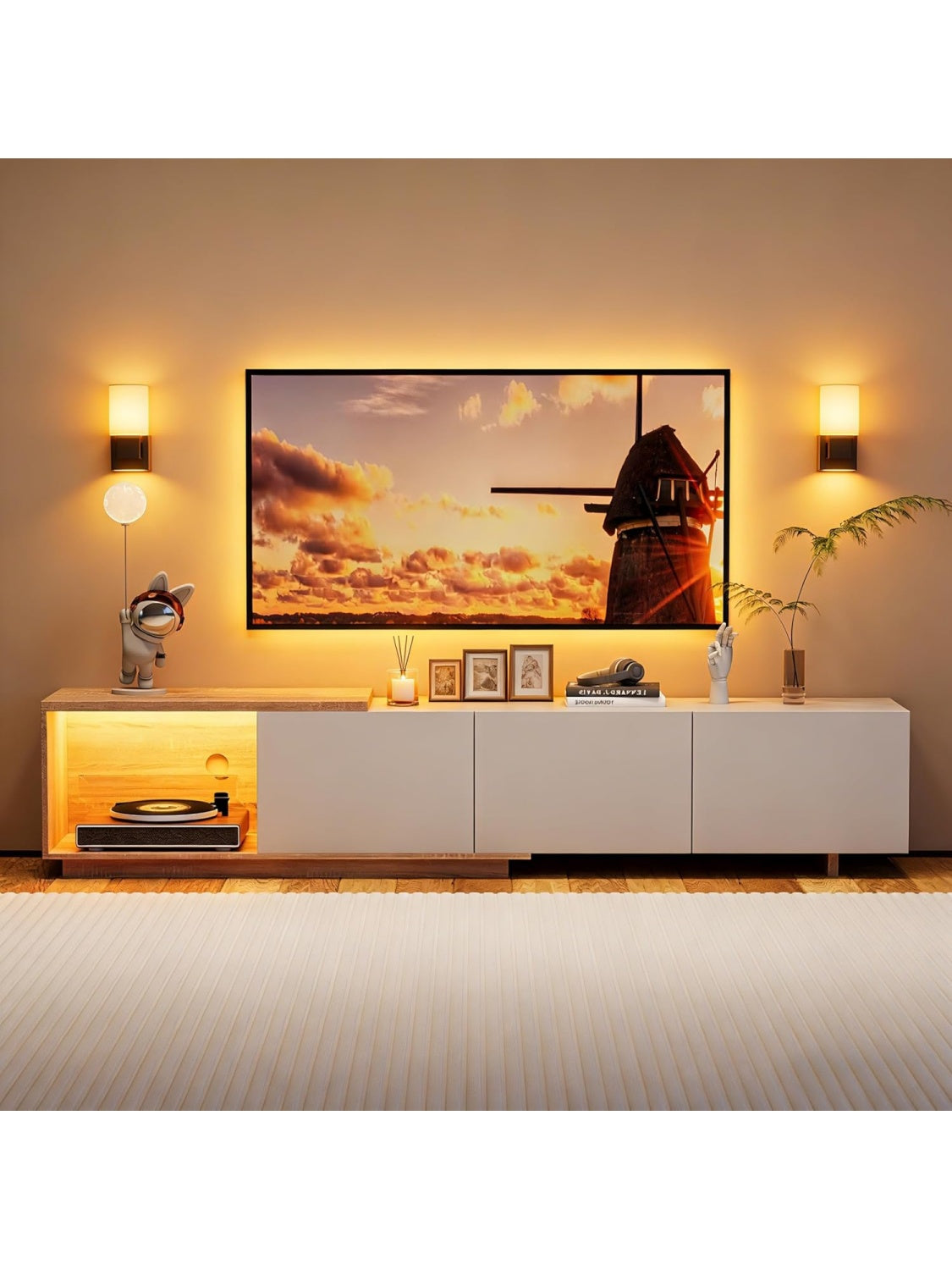Mueble TV Extensible con Iluminacion LED, USB Integrado y 3 Cajones, Compatible con Televisores hasta 75"