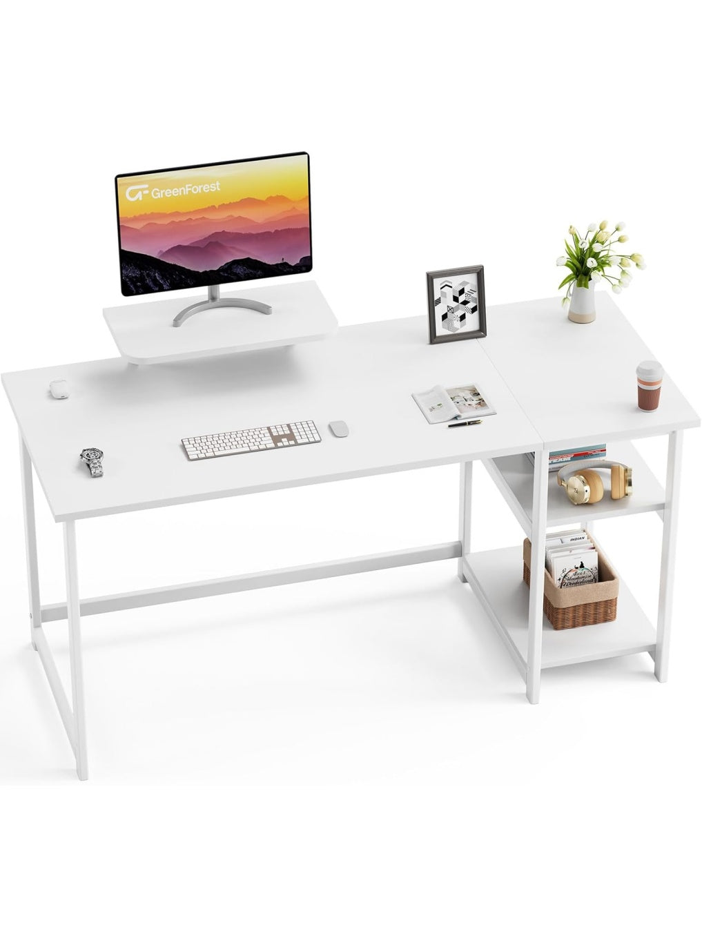Escritorio compacto con estanteria reversible y soporte para monitor, blanco, 140 cm