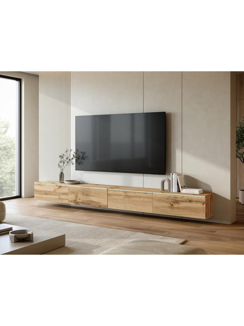 Mueble TV con 4 Puertas y Luces LED, Centro de Entretenimiento Moderno de 300 cm para Salon