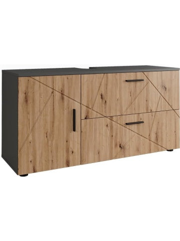 Mueble Suspendido para Lavabo con 2 Cajones, Armario de Bano con Recorte para Sifon, Roble Dorado y Antracita