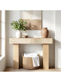 Mesa consola de madera con dos cajones de ratan y espacio de almacenamiento para recibidor o salon