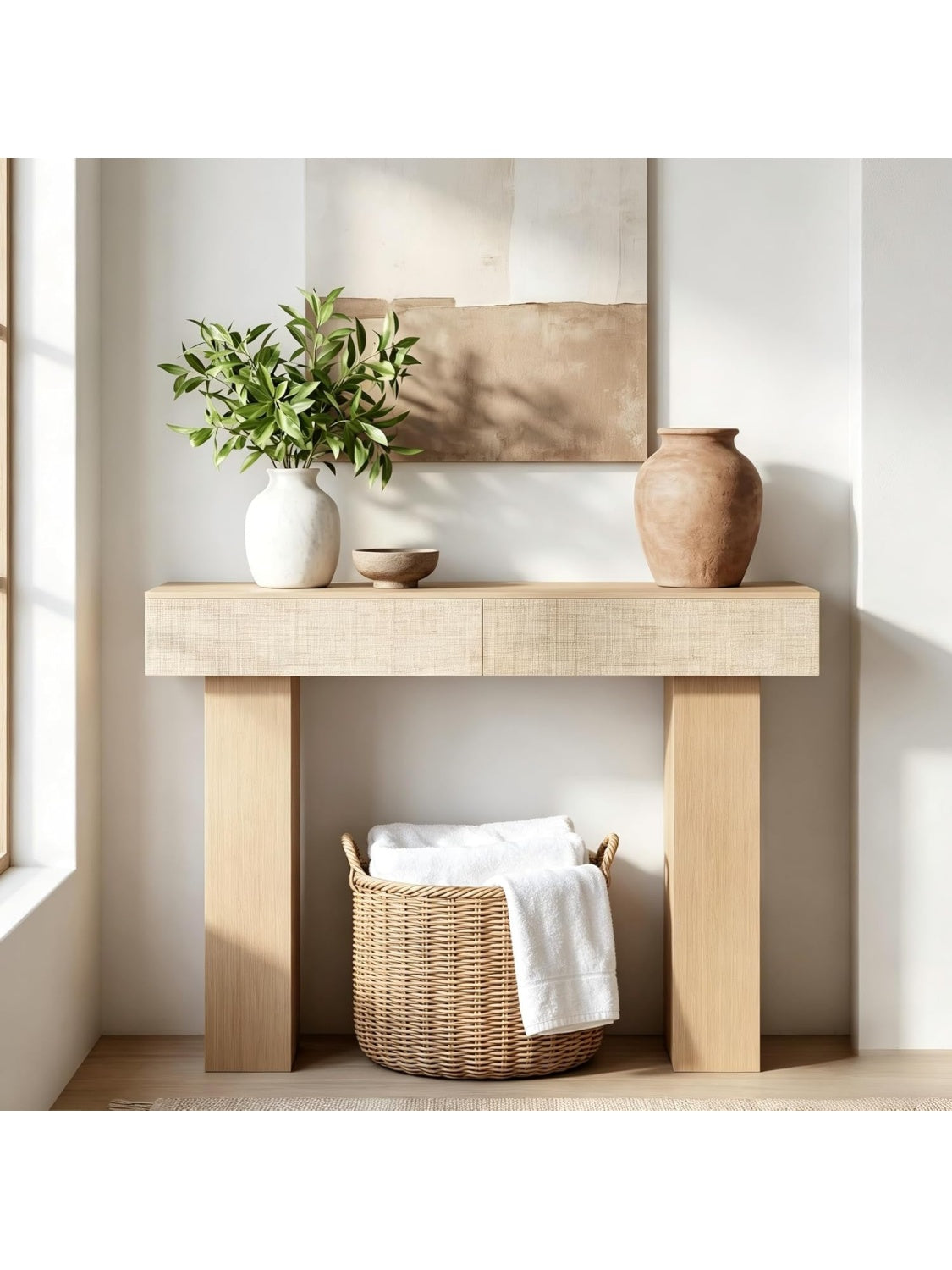Mesa consola de madera con dos cajones de ratan y espacio de almacenamiento para recibidor o salon