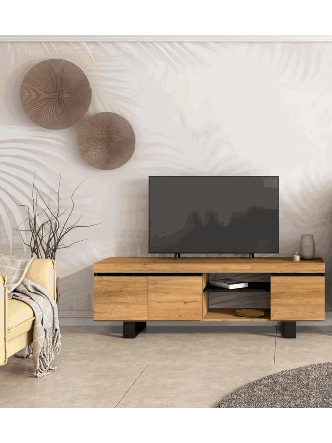 Mueble para Televisor de 160 cm, Diseno Nordico con 2 Puertas y Compartimentos Abiertos, Acabado Roble y Negro