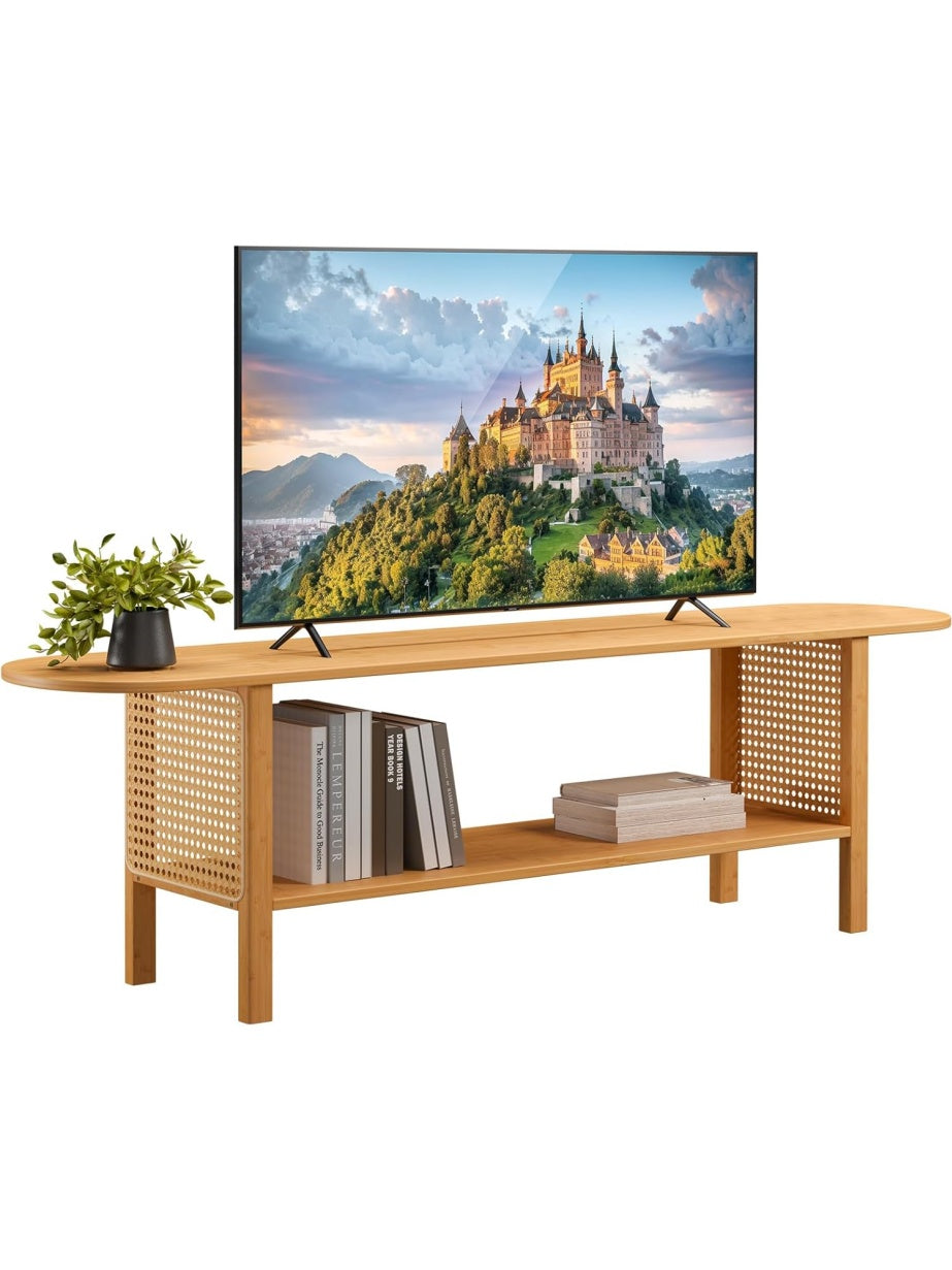 Banco para television con estantes de ratan natural y diseno escandinavo de dos niveles