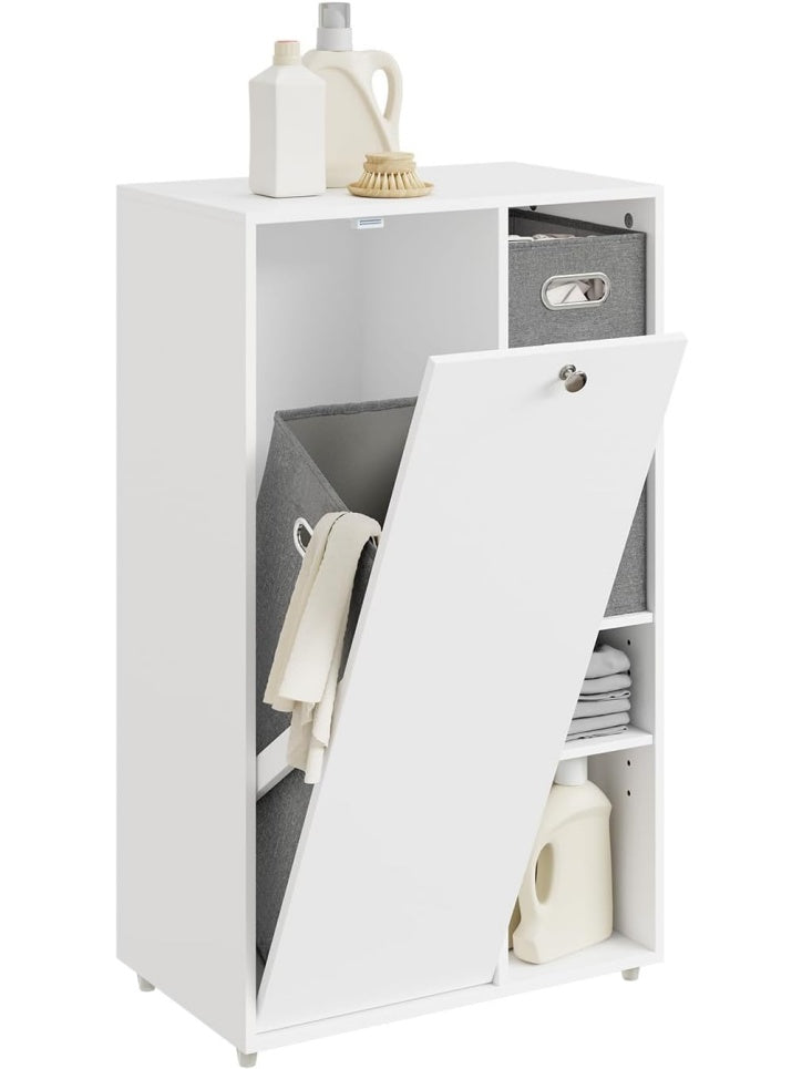 Armario Auxiliar de Bano con Cesto para Ropa Sucia y 2 Cajones de Tela, Blanco, 50 x 30 x 105 cm