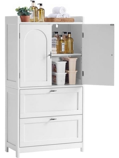 Mueble auxiliar de bano con doble puerta, cajones y estante regulable, blanco