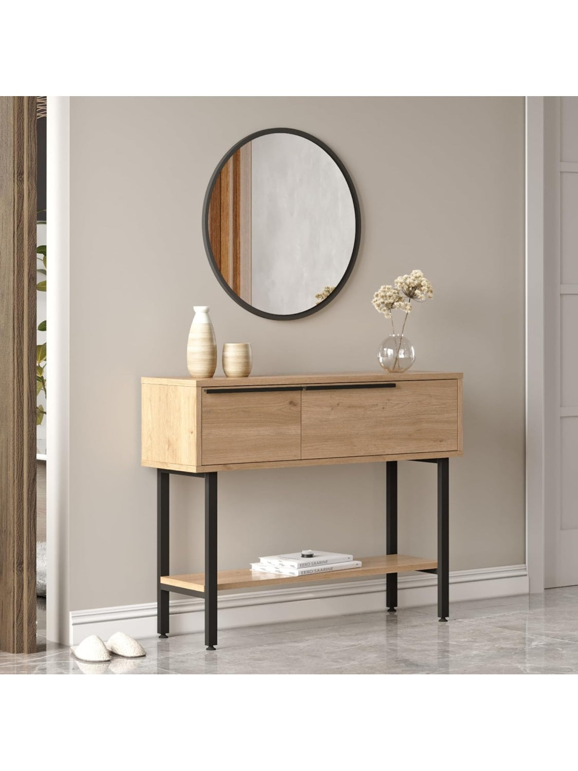 Mueble Recibidor con 2 Compartimentos Cerrados y Estante Inferior, Acabado Roble, 100 x 30 x 76 cm