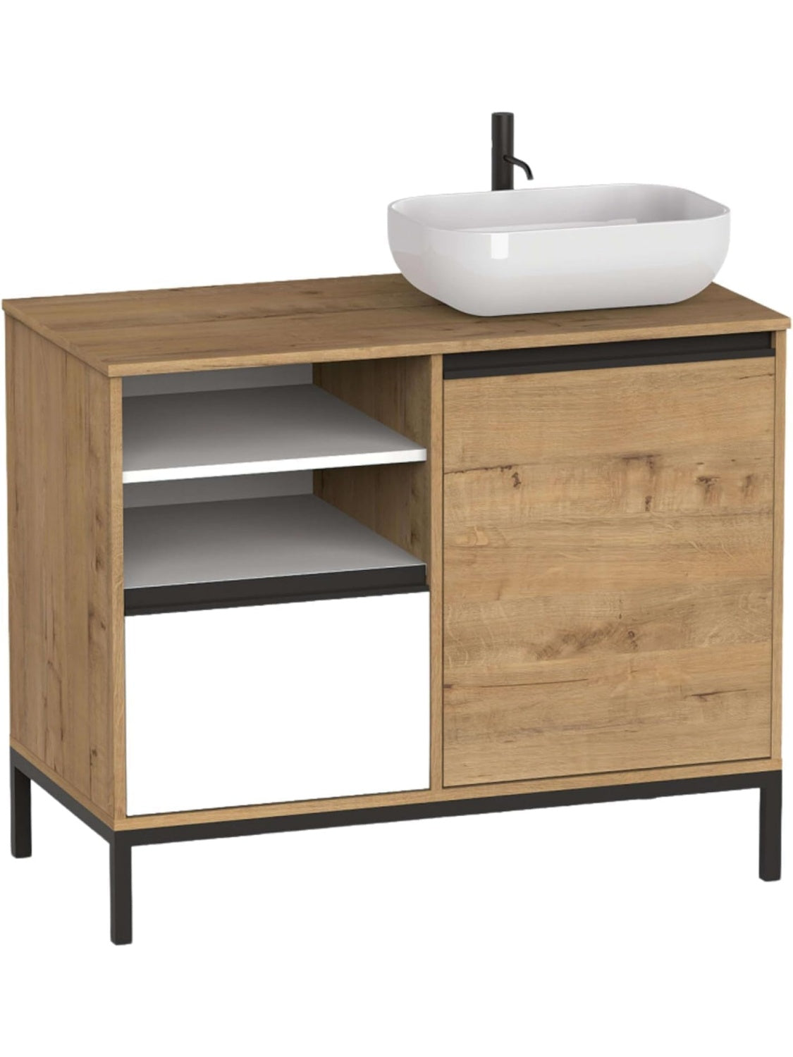 Mueble de Bano Industrial con Lavabo Ceramico, Cajon, Puerta y Estantes Abiertos, Blanco, Roble y Negro, 100 cm