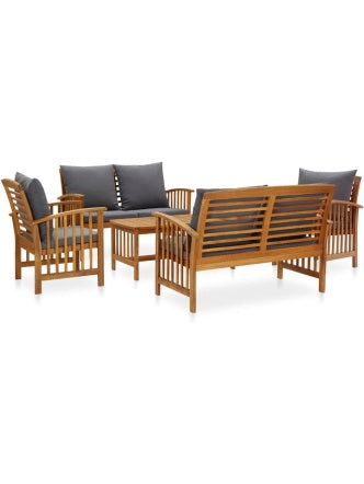 Juego de Jardin de Cinco Elementos con Mesa Asientos y Cojines en Madera Maciza de Acacia