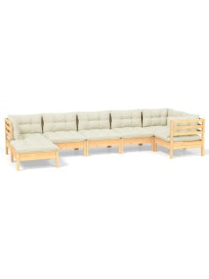 Mobiliario de Terraza de Siete Piezas con Sofas Cojines y Estructura de Madera de Pino Acabado Crema