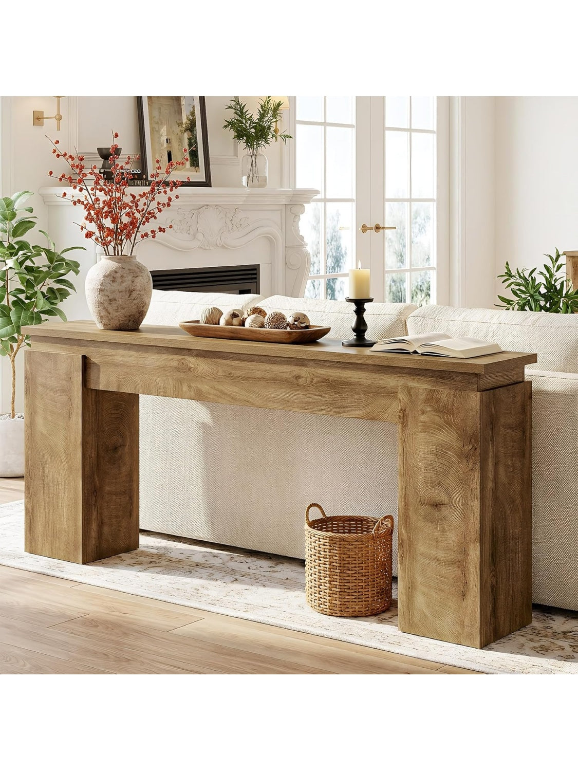 Mesa Consola de 160 cm con Estante Inferior, Diseno Campestre en Roble Natural para Salon o Entrada