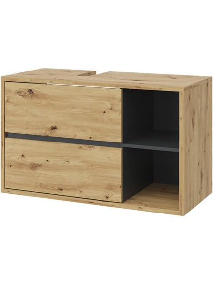 Mueble Suspendido para Lavabo con Estantes Abiertos y Recorte para Sifon, Roble Artesanal, 100 x 60 cm