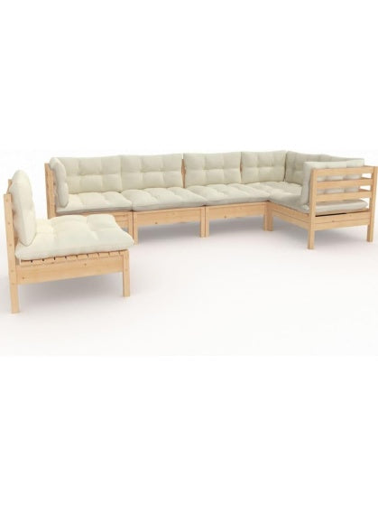 Conjunto Exterior de Seis Piezas con Sofas Cojines y Mesa Fabricado en Madera Maciza de Pino Color Crema
