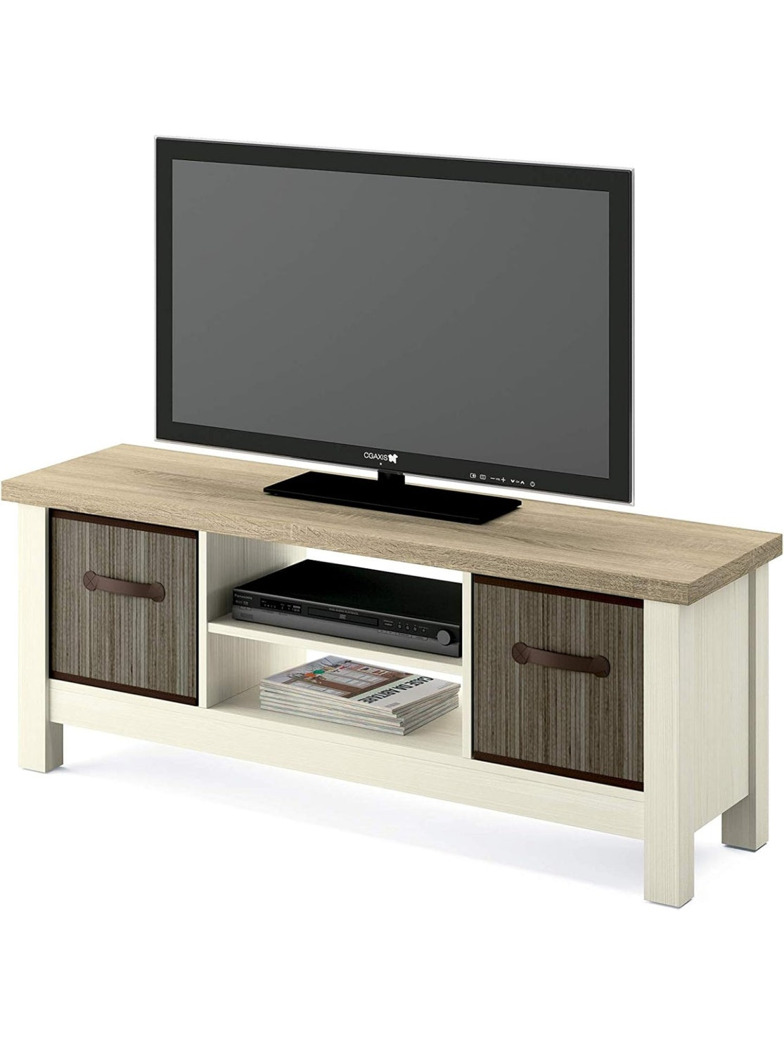 Centro multimedia para television con acabado pino y roble Cambrian, diseno moderno de 130 cm